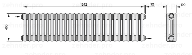 Схема (чертеж) Радиатор Zehnder Charleston 3040/27 №1670 Белый глянцевый RAL 9016